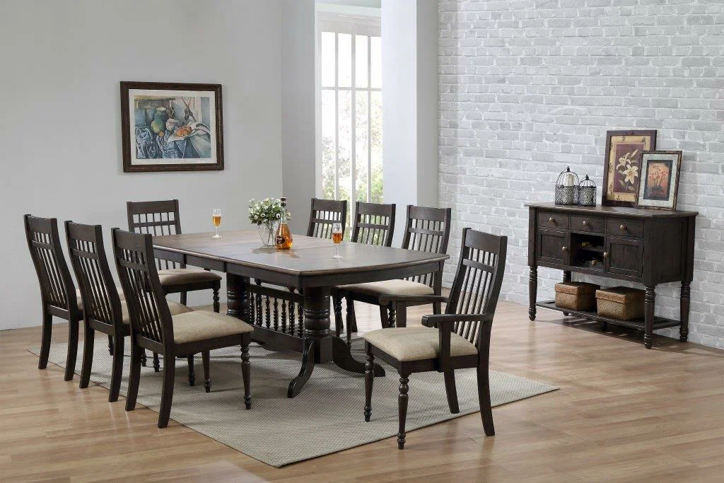 Compact dining table set with four wooden chairs for small dining areas.