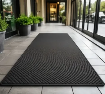 Long rectangular outdoor mats in dark grey for hotel and office entryways.