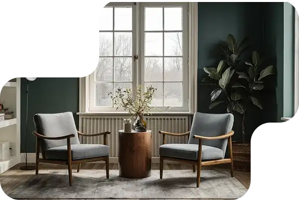 Stylish outdoor chairs with natural wooden frame and white padded cushions.