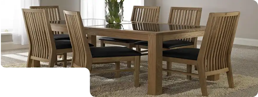 Luxury wooden dining table set with polished finish and six matching chairs.