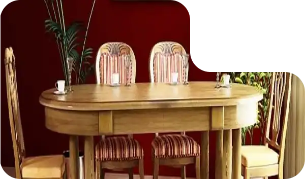 Rustic farmhouse dining table set with wooden bench and matching chairs.
