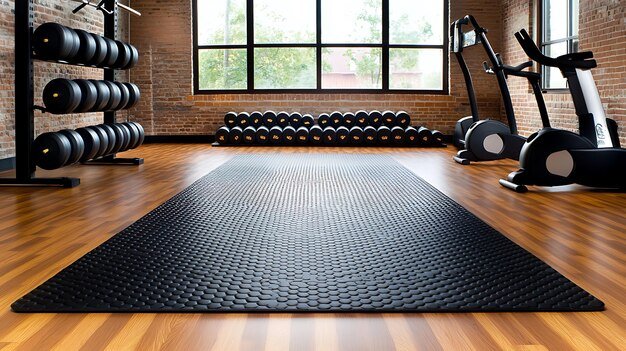 Spacious fitness studio with a textured rubber gym mat ideal for group exercise.