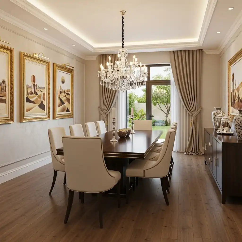 Dining room with newly installed wood-look flooring in a Dubai home