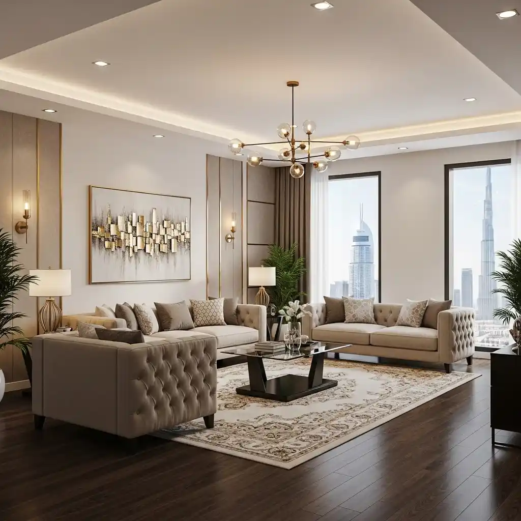Living room with newly installed flooring in a Dubai villa