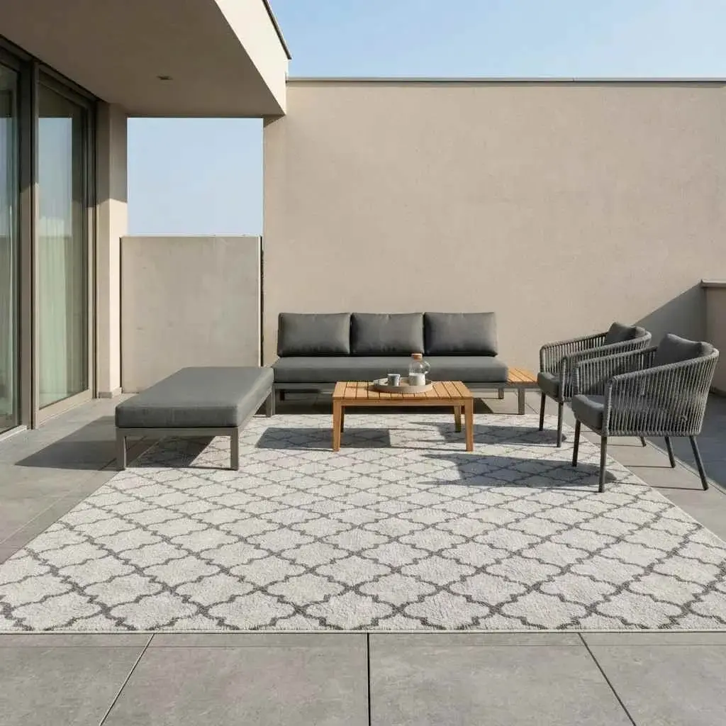 White pattern outdoor rug on terrace lounge patio