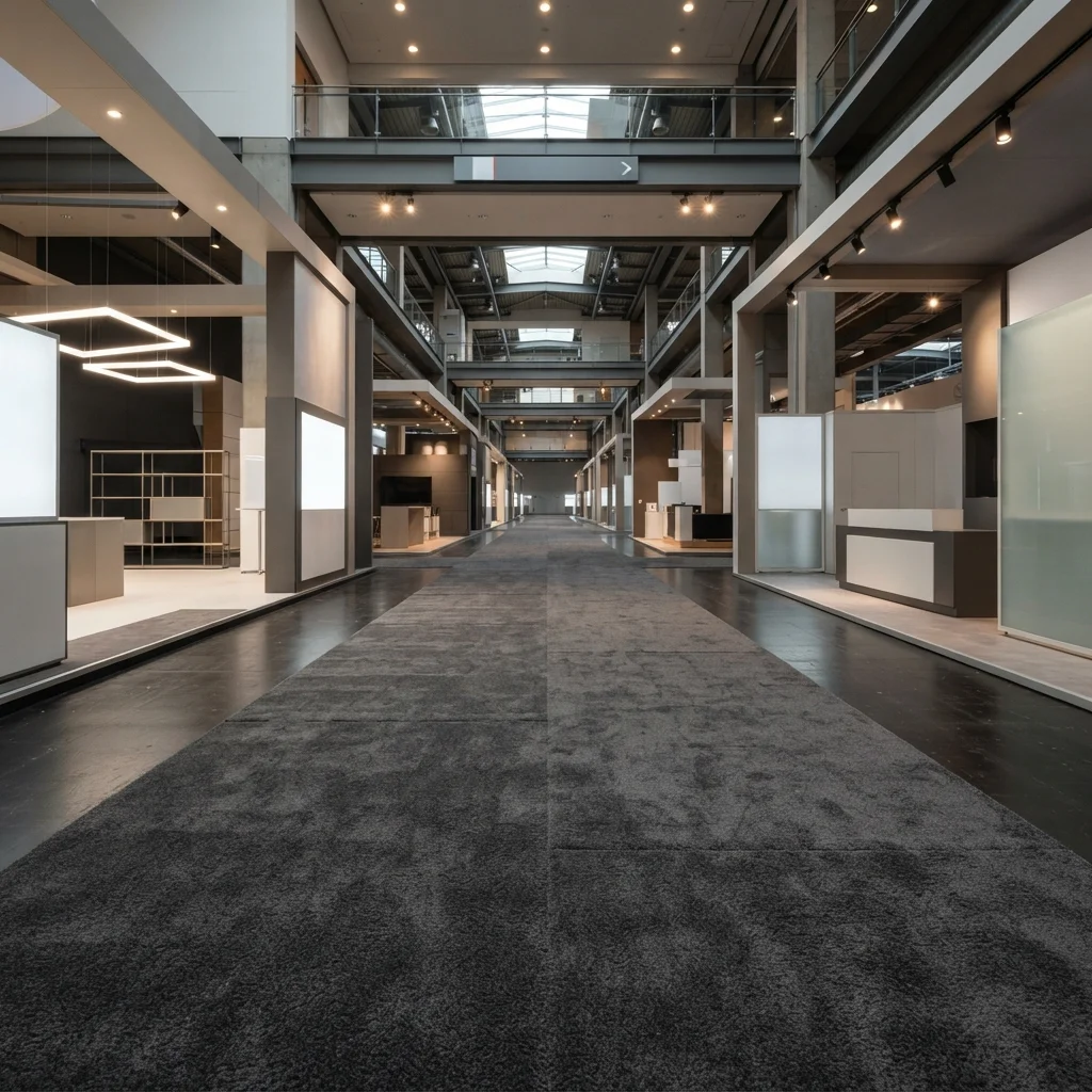 Dark grey exhibition carpet flooring setup in modern event hall in Dubai