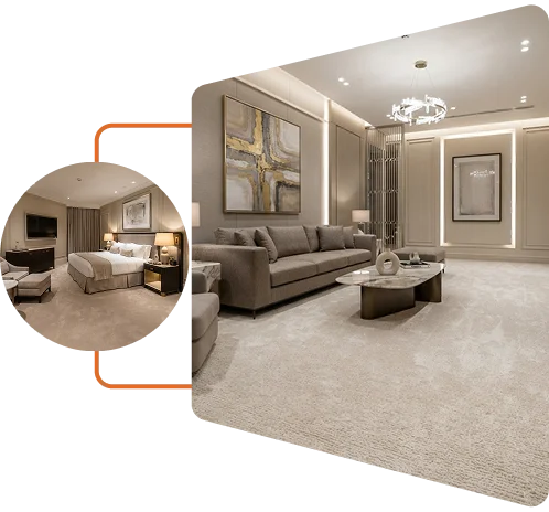 Modern living room and bedroom featuring luxury beige wall-to-wall carpeting in Dubai