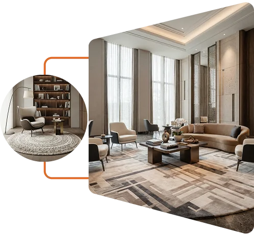 Modern living room interior featuring luxury round floor carpet placement and room layout design