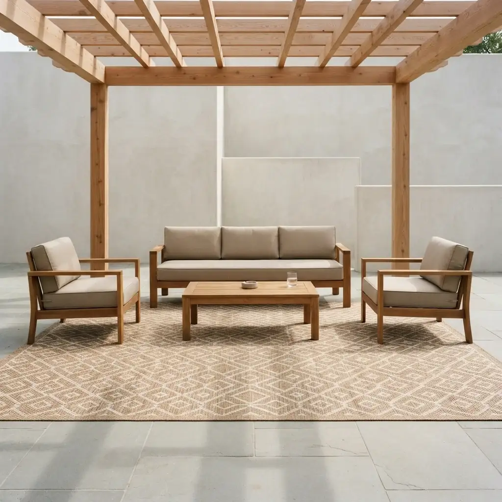 Neutral outdoor carpet under wooden pergola lounge seating Dubai
