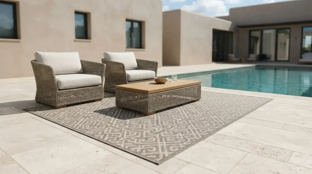Weatherproof outdoor carpet on luxury pool deck
