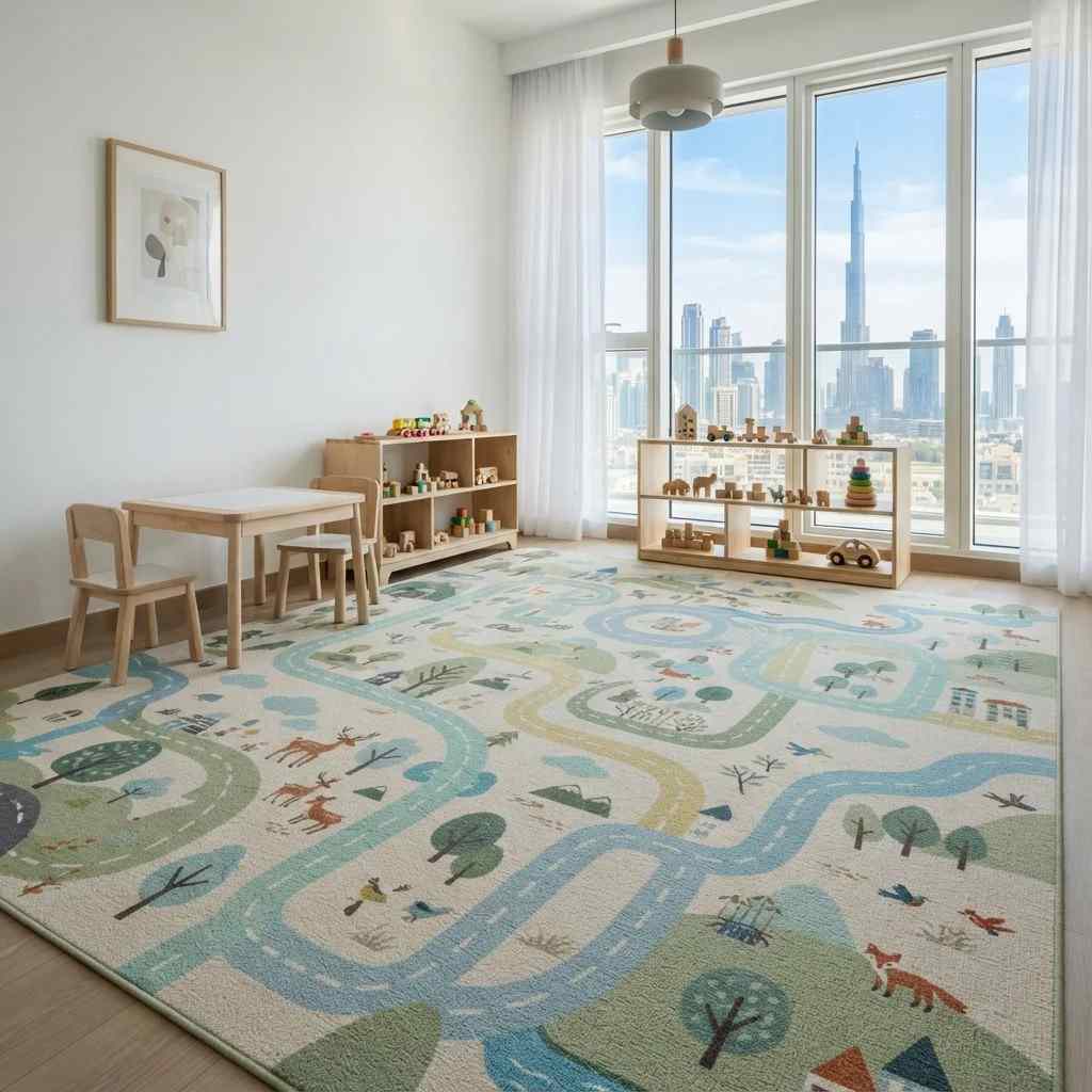Playful kids playroom carpet with winding road tracks and city map design