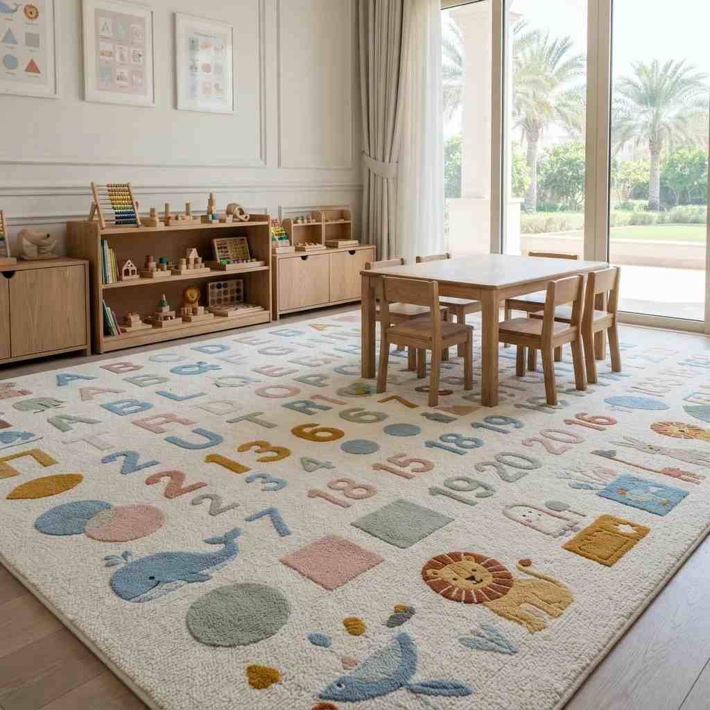 Educational kids play area carpet with numbers, alphabets, and interactive games