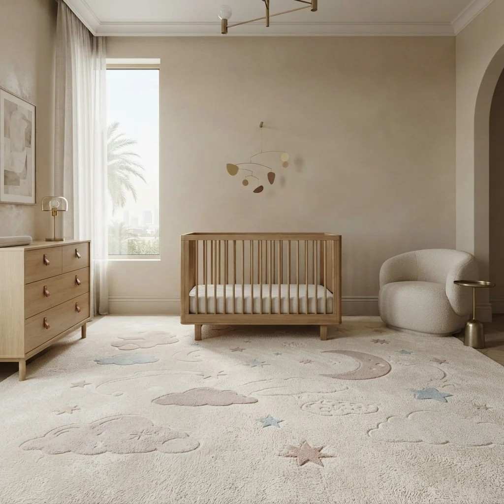 Neutral soft beige nursery carpet flooring with wooden crib setup