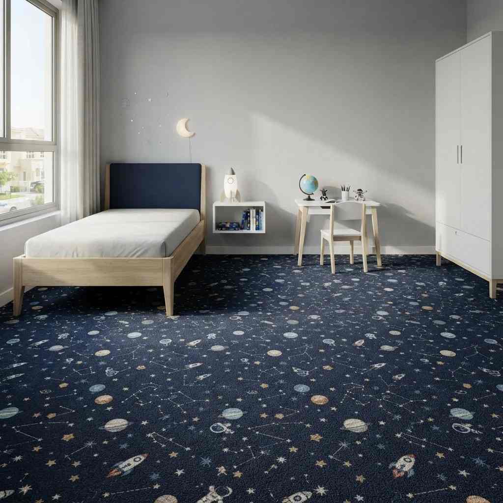 Dark blue kids bedroom carpet with star pattern and soft cushioning