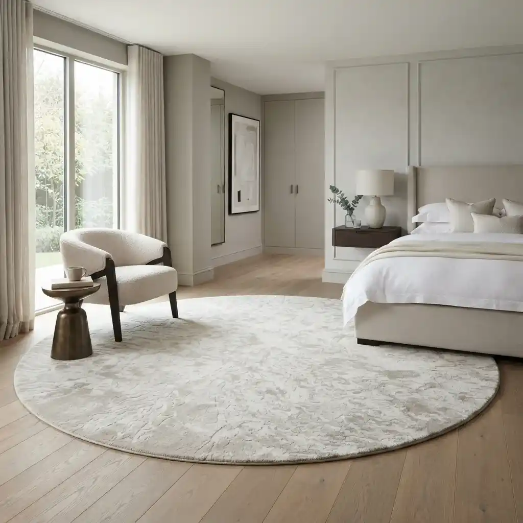 Soft neutral round carpet for master bedroom floor decor in Dubai home