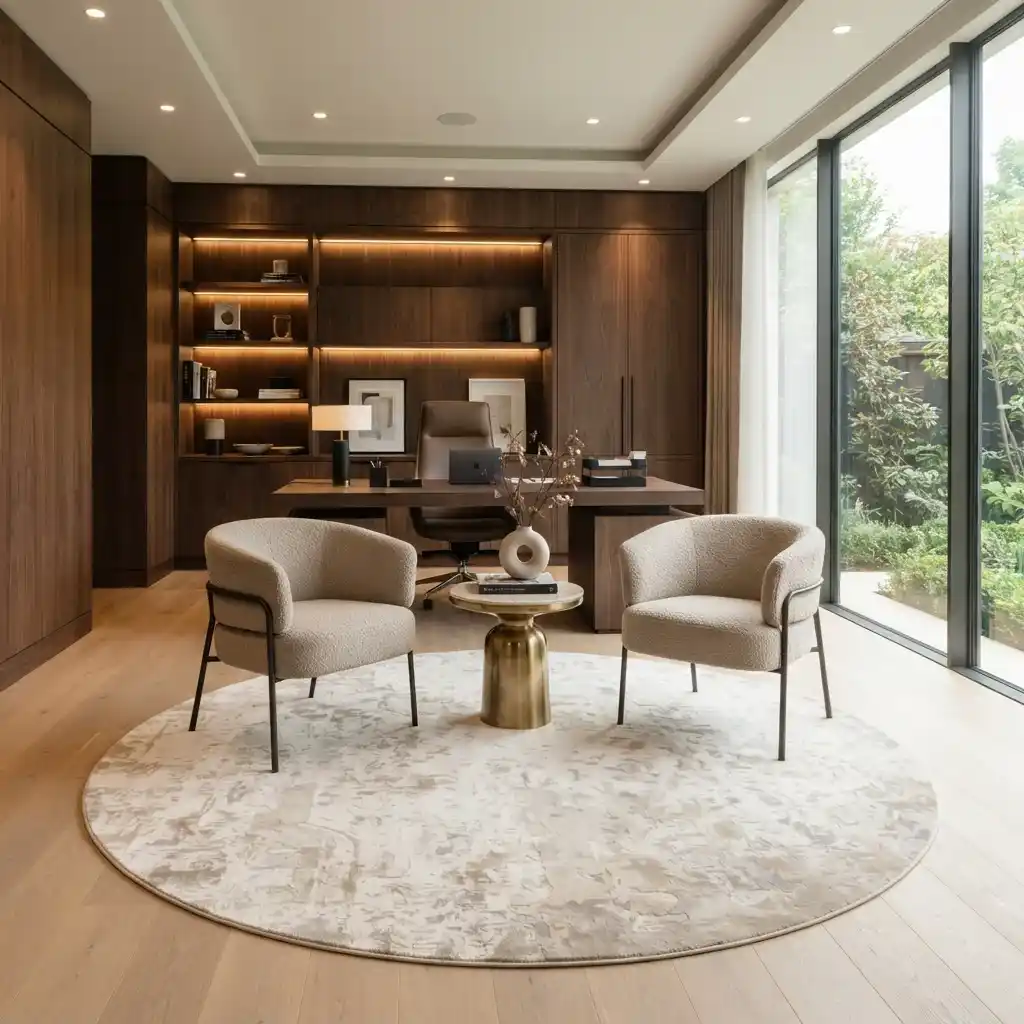 Round area rug in modern luxury office interior