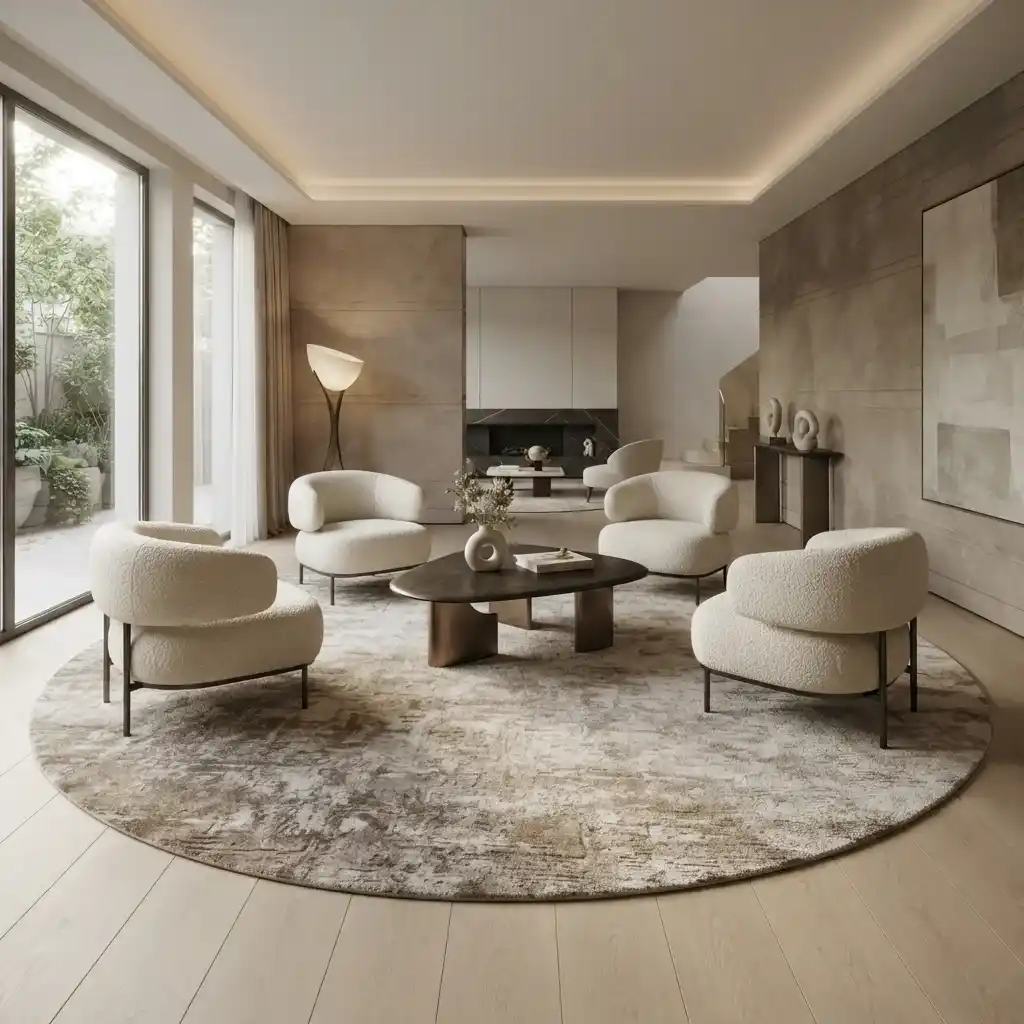 Large abstract round rug in luxury Dubai living room
