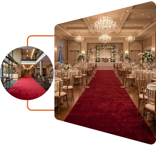 Red carpet runner laid in a luxurious Dubai wedding hall with chandeliers