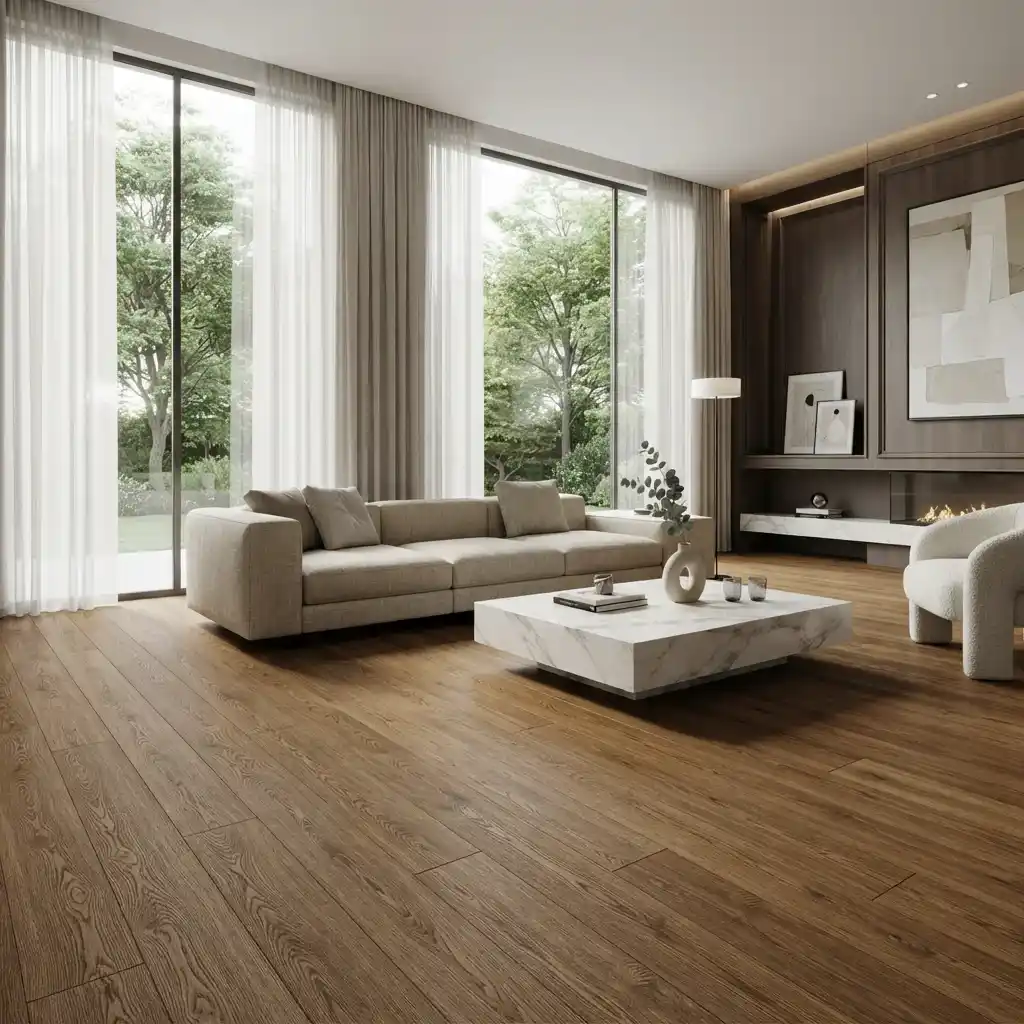Modern living room with wood-look vinyl flooring, beige sofa, marble coffee table and tall windows
