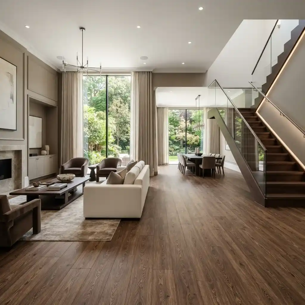 Open-plan living and dining area with dark wood-look vinyl plank flooring, white sofa and glass staircase