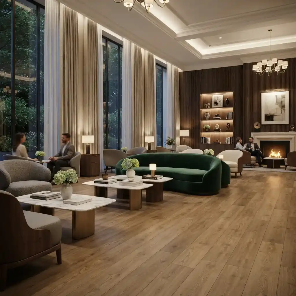 Elegant lounge with wood-look vinyl plank flooring, green velvet sofa, marble tables and fireplace