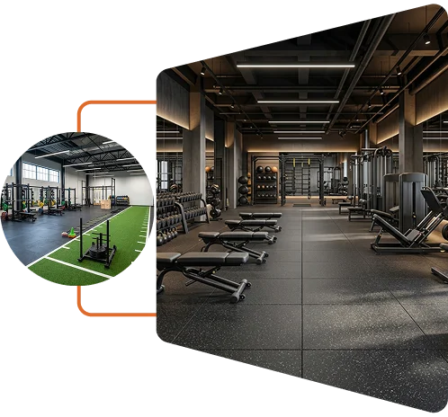 Modern commercial gym with dark rubber gym flooring tiles, dumbbell racks and benches, plus an inset of an artificial turf training area