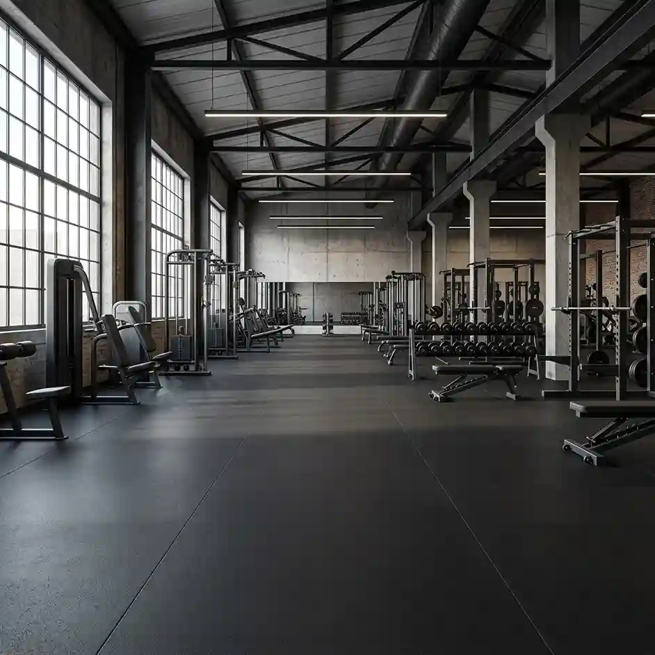 Large industrial gym with smooth dark rubber roll flooring, dumbbell racks, benches and weight machines