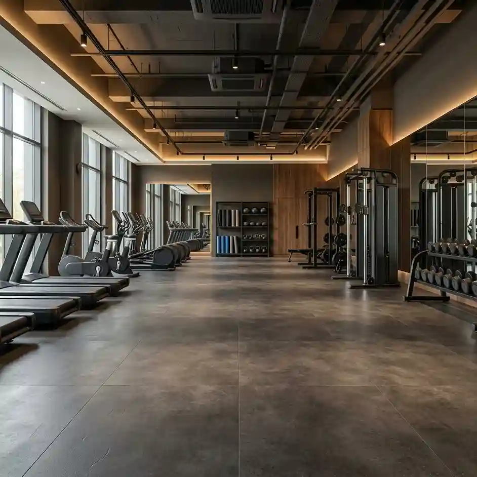 Spacious premium gym hall with smooth dark grey gym flooring, rows of treadmills and a dumbbell rack