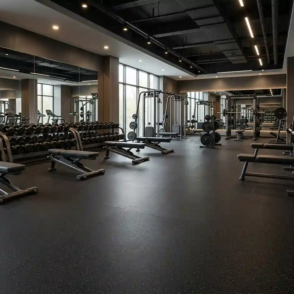 Dark modern gym interior with speckled rubber gym flooring, dumbbell racks and weight machines
