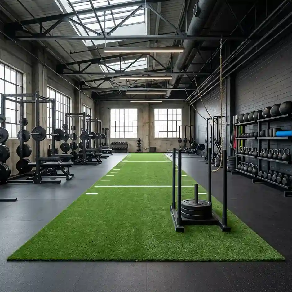 Industrial gym with a green artificial turf training lane, weight racks and kettlebells
