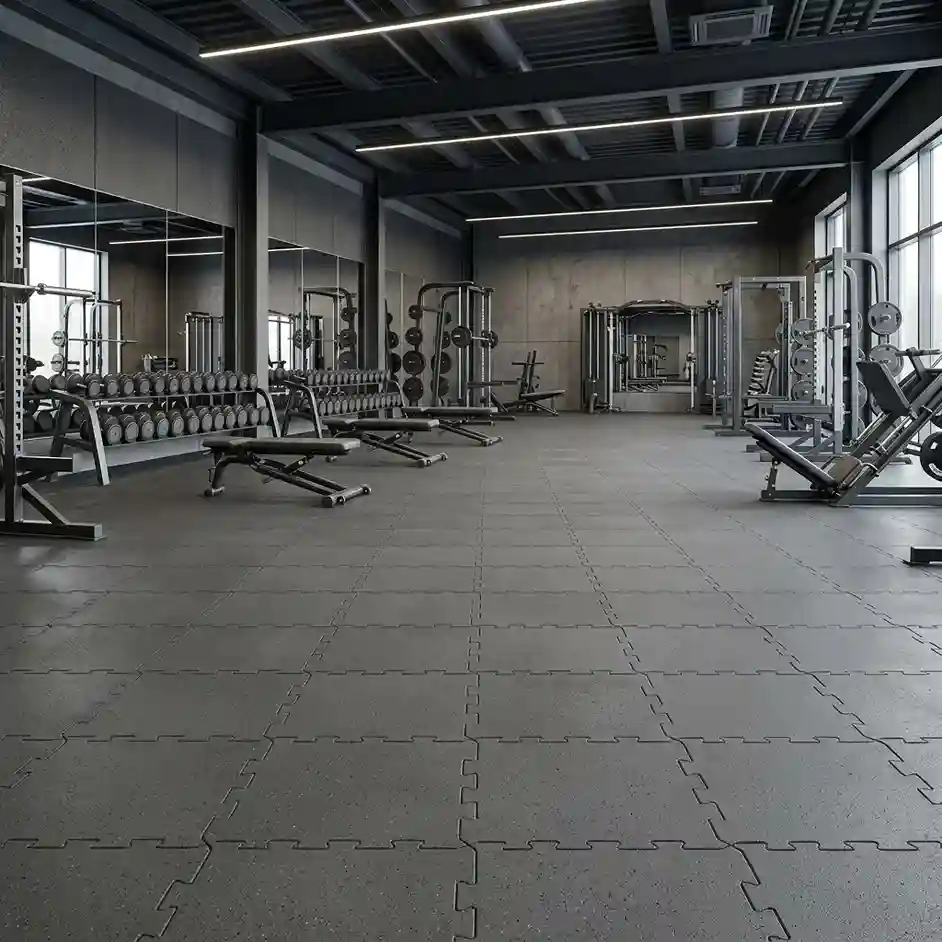 Gym floor covered in grey interlocking rubber tiles with visible puzzle seams, surrounded by dumbbell racks and benches