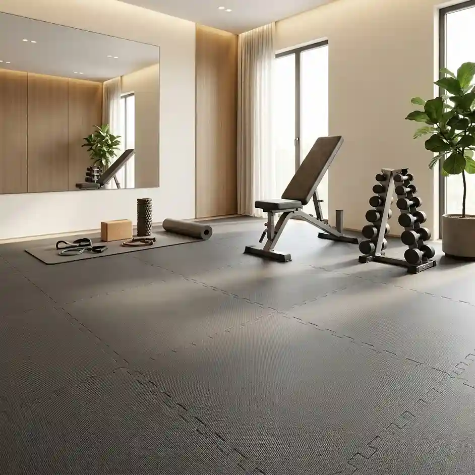 Bright home gym with dark interlocking gym floor tiles, weight bench, dumbbell rack and yoga accessories