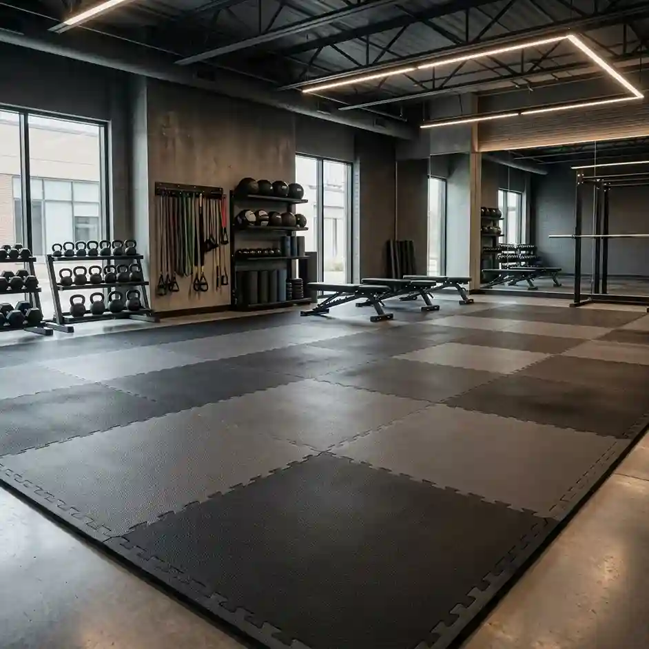 Functional training studio with black interlocking foam gym mats, kettlebells, medicine balls and resistance bands