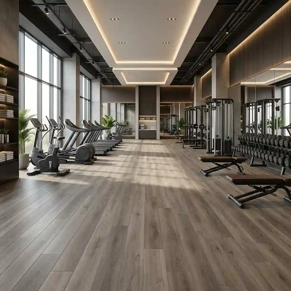 Bright elegant gym with light wood-look vinyl plank flooring, exercise bikes, benches and dumbbell racks