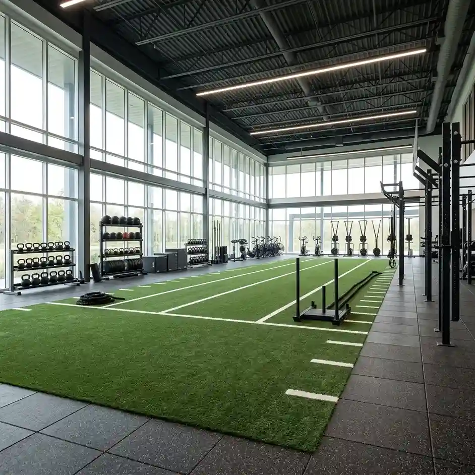 Large indoor functional training gym with a marked green artificial turf lane, kettlebells, sled and battle ropes