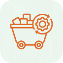 Orange line icon of a wheelbarrow carrying blocks with a gear, representing material supply