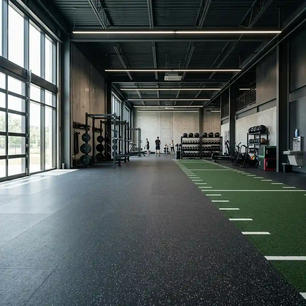 Modern gym interior with rubber flooring, turf training area and weight equipment
