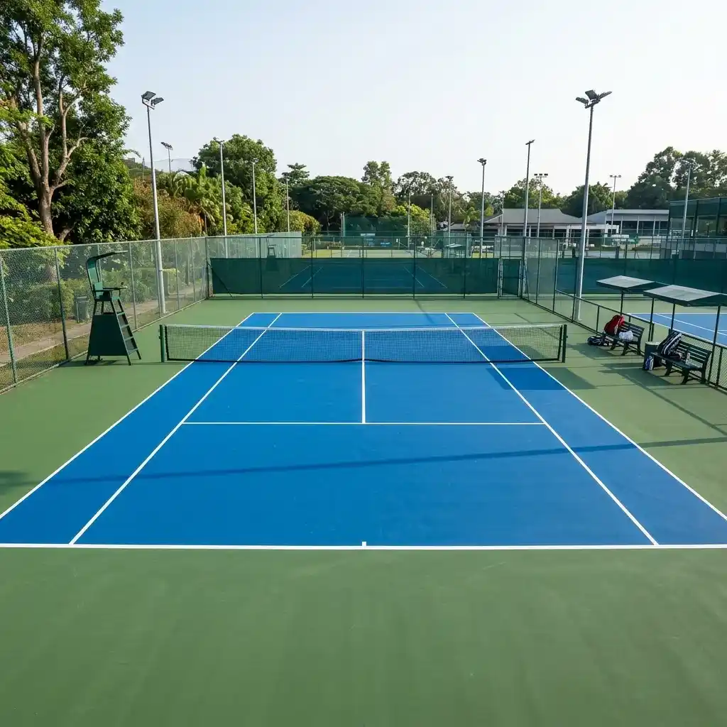 Outdoor tennis court with blue acrylic surface, net and fencing