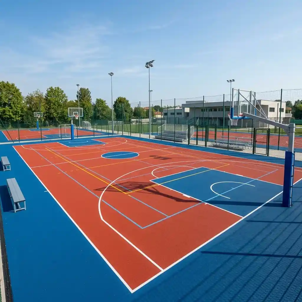 Outdoor basketball courts with red and blue synthetic flooring and hoops