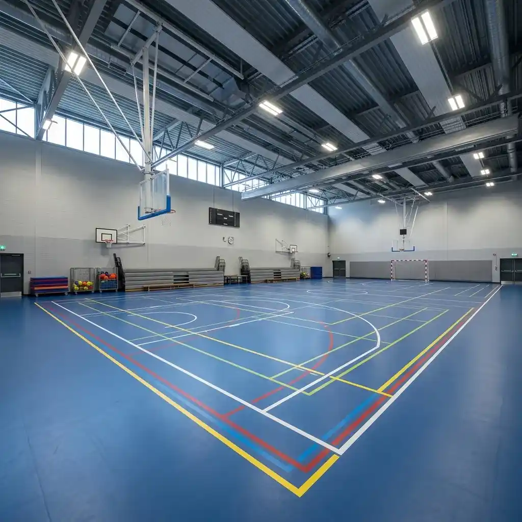 Indoor sports hall with blue flooring and marked game courts