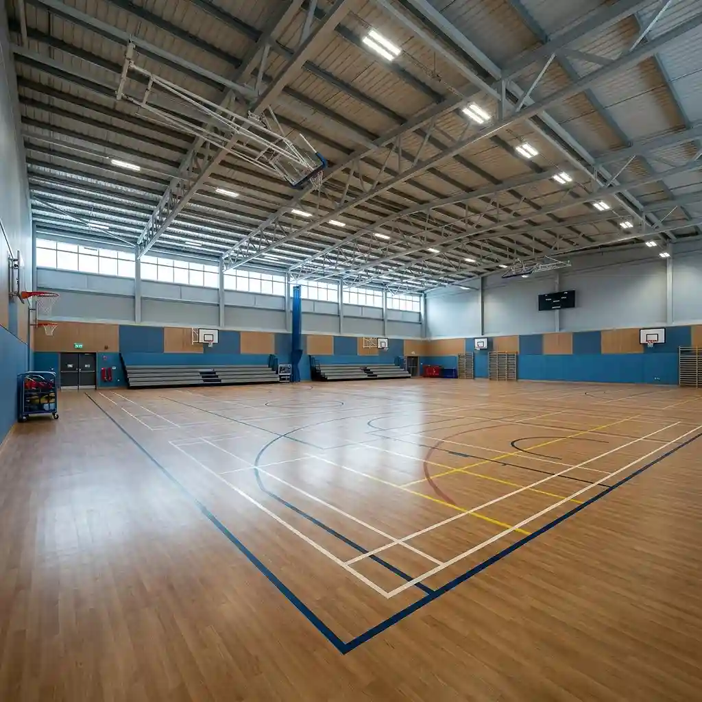 Indoor sports hall with polished vinyl court flooring and marked game lines