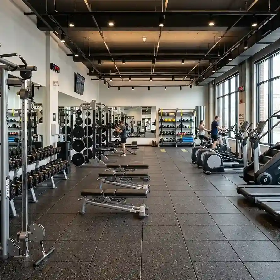 Commercial gym with dumbbells, weight racks, treadmills and dark rubber flooring