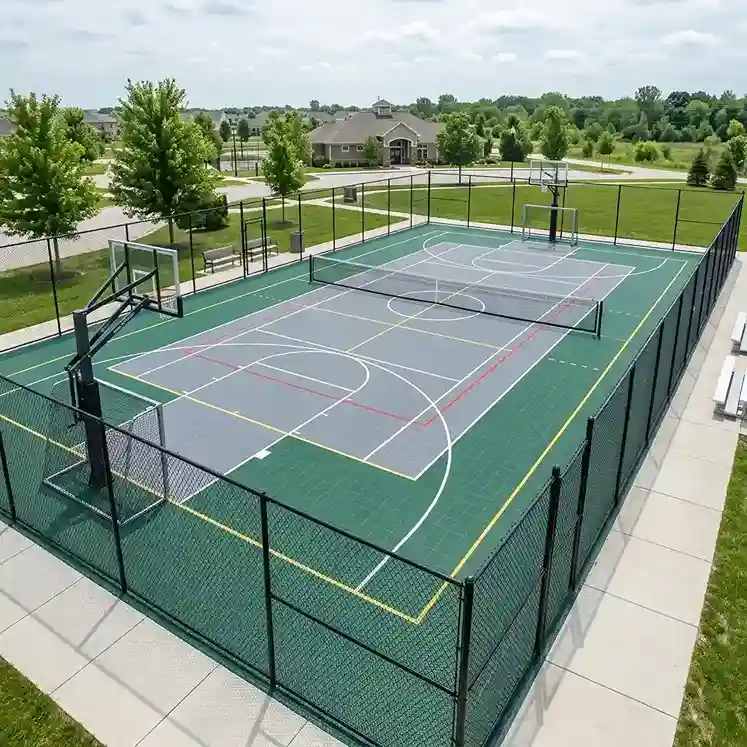 Outdoor multi-sport court with green synthetic surface and game lines